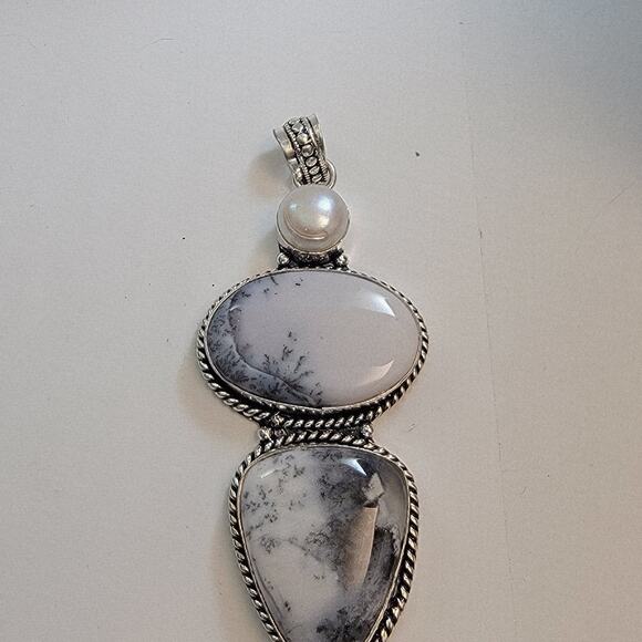 Necklace Pendants Dendritic Opal and Pearl Handmade Jewelry in Sterling Silver - Picture 4 of 10